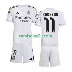 Camisolas de futebol Real Madrid Rodrygo 11 Criança Equipamento Principal 2025/26 Manga Curta